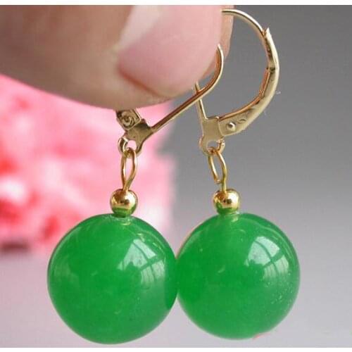 New Arrival Favorite Pearl Jewelry 14mm Round Green Jade Beads 14k Good Dangle Earrings Charming Lady Gift