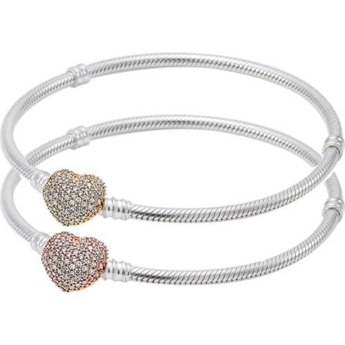 Original Rose Gold Moments Pave Heart Clasp With Crystal Bracelet Bangle Fit 925 Sterling Silver Bead Charm DIY Pandora Jewelry