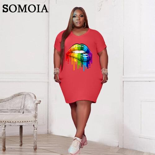 Plus Size Fashion Womens Clothing Wholesale Sexy Round Neck Pockets Personality Lip Printing Loose Casual Dress Dropshipping