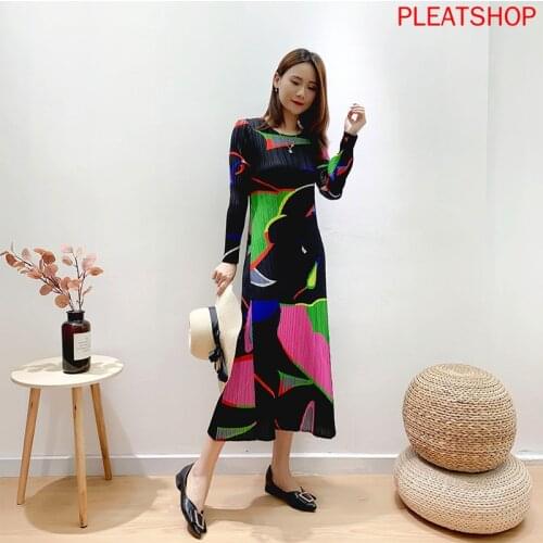 MIYAKE Pleated Floral Printed Dress Early Autumn New Long Sleeve Pleats Slimming Large Size Dresses Vestido De Mujer Robes Robe