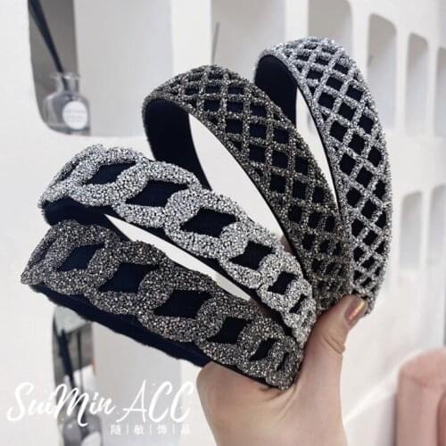 Women ins rhinestone chain mesh wide side headbands simple hollow woven full diamond hairbands