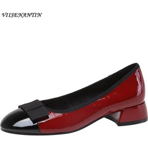 Retro Shallow Round Toe Thick Heel Bow Genuine Leather Pumps Women Autumn Mid-heel Fashion Butterfly-knot Slip-on Designer Shoes