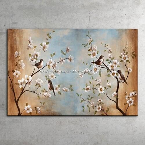 Hand Painted Blossom Flower Bird Animal Oil Painting On Canvas Modern Pop Art Wall Picture Home Decoration For Dinning Kids Room