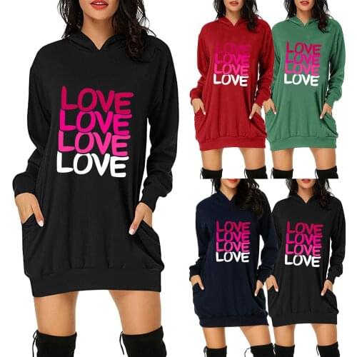 S-3XL 2020 New Fashion Women Dress Letter Print Hooded Pockets Short Sweatshirt Dress Valentines Day Female Outfit платье