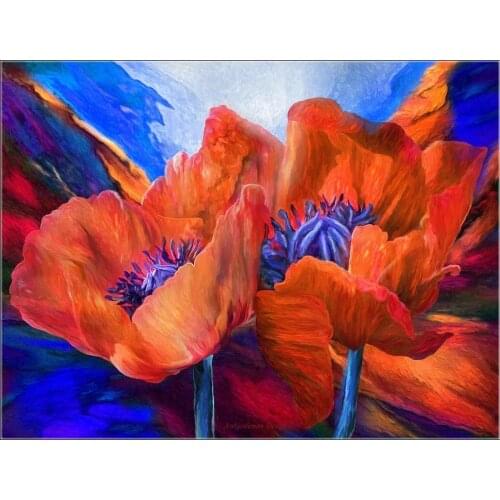 Counted Cross Stitch Kits Needlework Embroidery - Crafts 14 ct Aida DMC Color DIY Arts Handmade Home Decor - Red Poppies On Blue