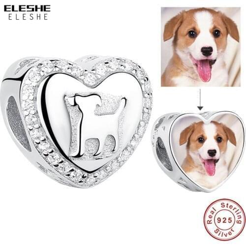 ELESHE 100% 925 Stering Silver Lovely Pet Dog Heart Charm Customize Photo Bead Fit Original Bracelet & Necklace DIY Jewelry