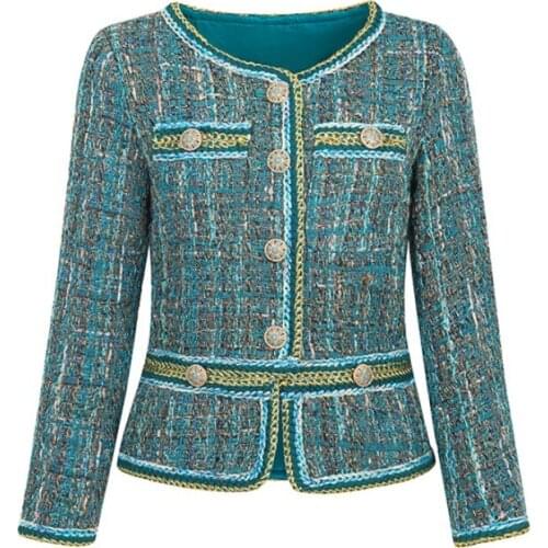 High Quality 2021 Autumn Winter Tweed Womens Jacket Coat Retro Malachite Green Blends Wool Single-Breasted Female Outerwear