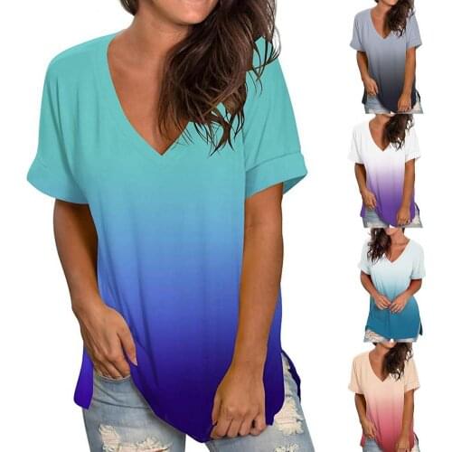 Woman T-shirts V Neck Tie Dye Top Women Short Sleeve Gradient Color Loose Tops tie dye T-shirts women short sleeve Tops