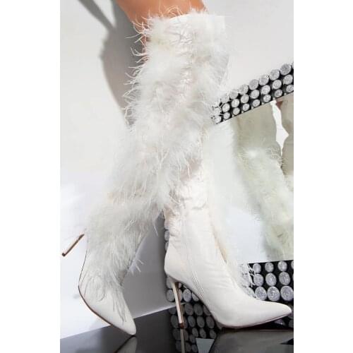 2020 New White Feather Over The Knee Boots Women Fur Super High Heel Winter Shoes Woman Pointy Black Thigh High Long Boots Women