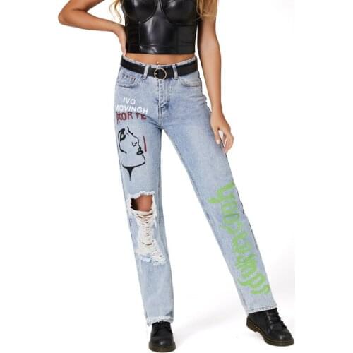 Female Ripped Jeans Women s Floral Print High Waist Hollow Out Trousers Pants for Spring Fall XS/S/M/L