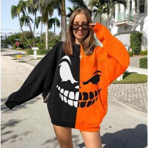 Womens Halloween Hoodies Creative Teeth Skull Print Patchwork O-neck Sweatshirt Spring Autumn Ladies Long Sleeve Pullover