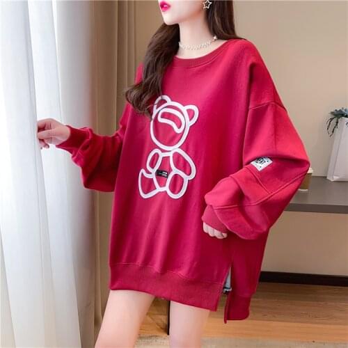Womens Sweatshirts Harajuku Loose O-neck Thin Off Shoulder Tops Cute Bear Korean Girls Oversized Pullovers Red Black Hoodies
