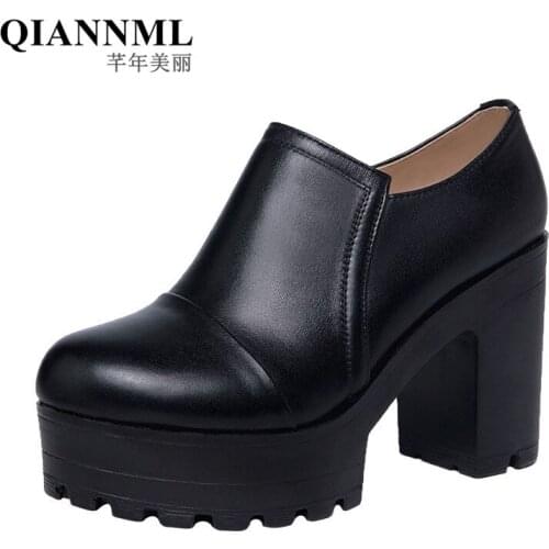 Big Size 32-43 Fall Winter Block Heel Black Dress Shoes with Fur 2021 Deep Mouth Leather Pumps Women High Heels Office Shoe