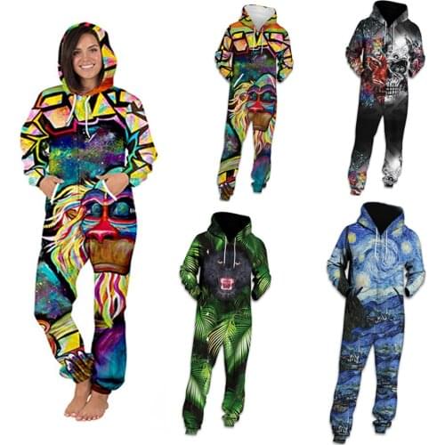 Women 3D Print Jumpsuit Adult Onesie Romper Casual Playsuit Hooded Pullover Overalls Long Sleeve Pajama Plus Size Outfits