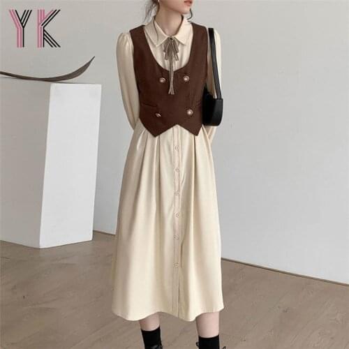 Two-Piece Solid Color Single-Breasted Dress + Suit Vest Loose French Vintage WomenS Long Skirt Suit Spring Casual Fashion Sets
