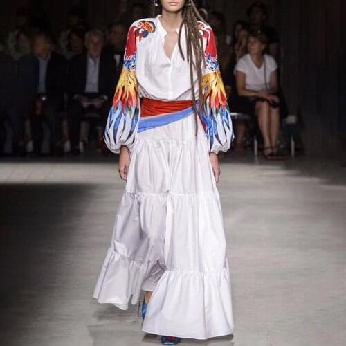 2019 Newest Runway Summer Dress Women Phoenix Embroidery Sashes Long Lantern Sleeve V-neck Dresses Woman Party Night