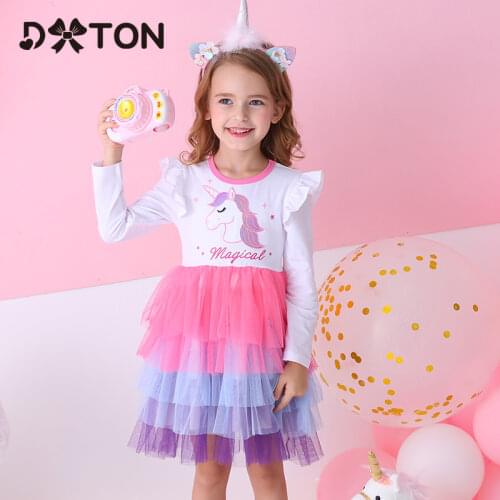 DXTON Unicorn Girls Winter Dresses 2020 Christmas Party Girl Dress Patchwork Flying Sleeve Kids Dress New Year Children Clothing