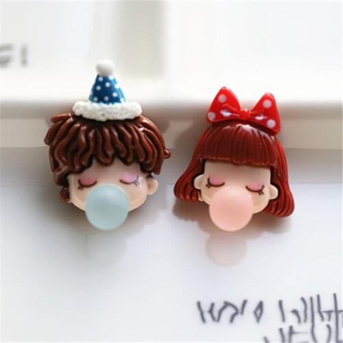 10Pcs Kawaii Cartoon Blowing Bubble Boy Girl Flat back Resin Cabochon Scrapbooking Fit Hair Bows Center DIY Headwear Accessories