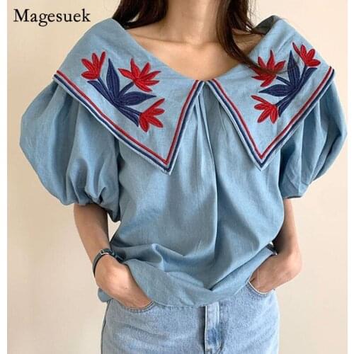 Vintage Ethnic Style Denim Blouses Women Flower Embroidery Summer Loose Shirt Slash Neck Lantern Sleeve Femme Tops Blusas 15433