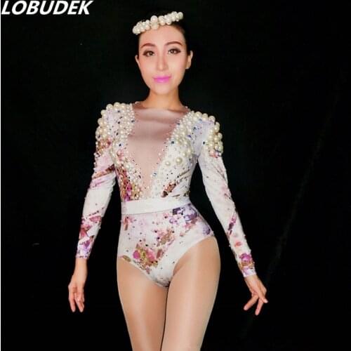 White Pearl Sparkly Rhinestones Bodysuit Bar Women Stage Costume Sexy Nightclub DJ Singer Party Celebration Performance Outfit
