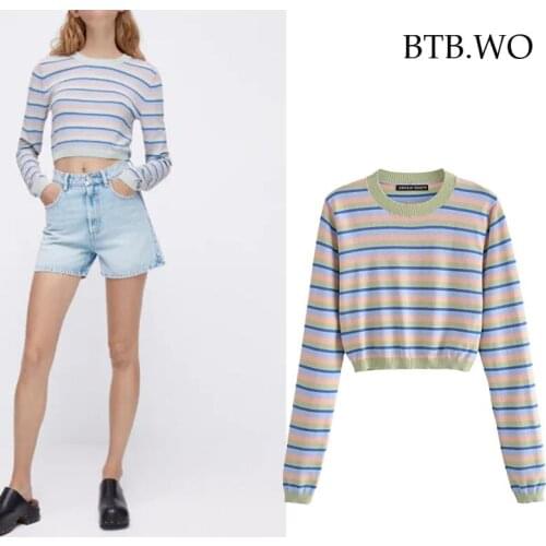 BTB.WO Za 2021 Women Fashion Oversized Striped Patchwork Knit Sweater Vintage O Neck Long Sleeve Female Pullovers Chic Tops