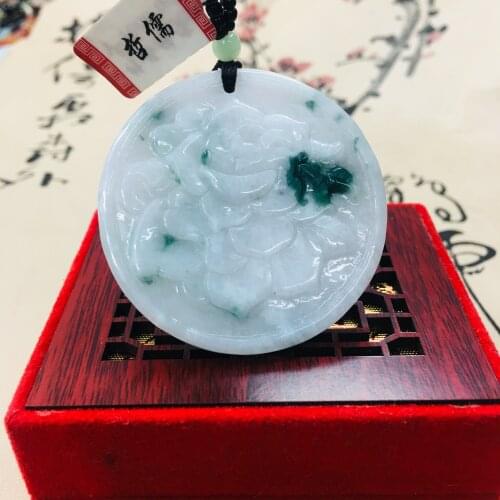 Zheru pure natural Jadeite carved light green two-color peony flower pendant with green bead chain sweater chain Send A certific
