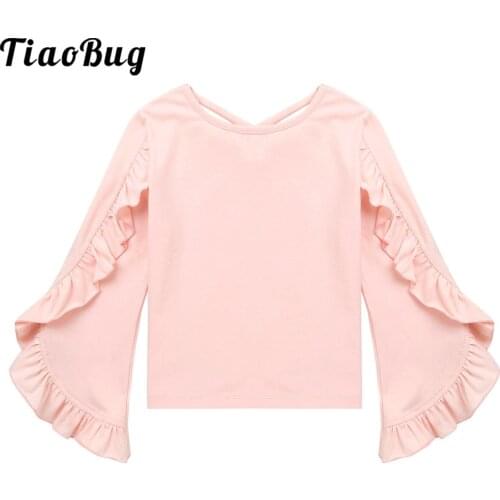 Kids Girls Cotton Flare Long Sleeve Tee Shirt Tops Spring Latin Dance Training Blouses Dance Performance Tops