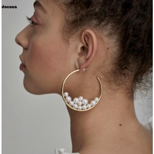 Docona Abstract Gold Circle Pearl Drop Dangle Earring for Women Hollow Geometric Pendant Earrings Party Jewelry 8502