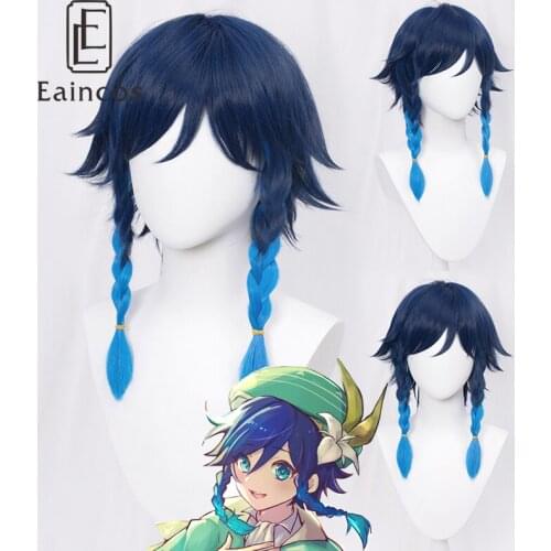 Genshin Impact Venti Cosplay Wig Anime 50cm Blue Braid Hair Heat Resistant Synthetic Wigs