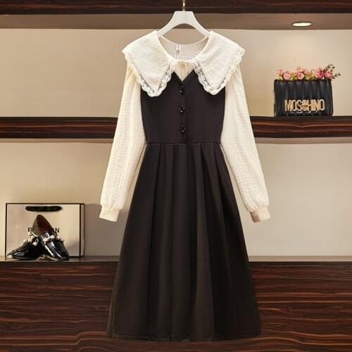 Oversized 4XL Women Dress Sets 2021 Spring Autumn Cute Two Piece Tank Sleeveless Dress + Lace Long Sleeve Shirts Femlale KE986