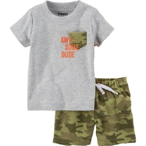 Awesome Dude Little Boy Clothes Suit Tee Shirts + Camouflage Short Pants 2PCS Sets Grey Camo Outfits Cotton Sets Tops Jumpsuits