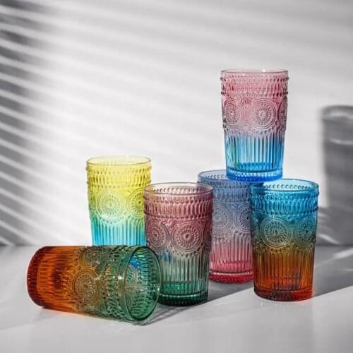 Multicolor Juice Glass Retro Embossed Sunflower Creative Amber 11oz Whiskey Vodka Drinking Cup Beverage Glasses Party Wedding