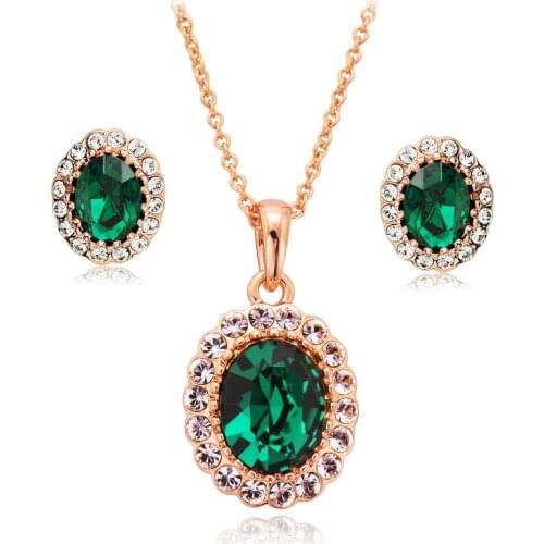MOONROCY Free Shipping fashion Green crystal necklace and earring Rose Gold Color Crystal Jewelry Set for Women