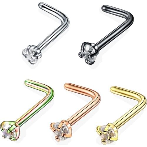 5pcs/lot 20G L-Shape Nose Stud Set With Crystal Body Piercing Gun Kit Fake Nose Ring Stainless-Steel Needle Hoop Pack Jewelry