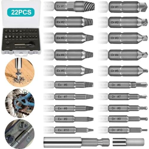 22pcs Damaged Screw Extractor Drill Bits Set Extractor Screwdriver Remover Purpose Tools Broken Speed Out Bolt Stud Remover Tool