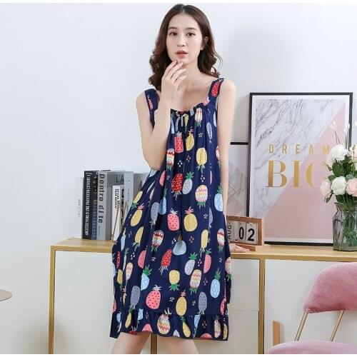 Summer Night Dress Women Nightgown Thin Sleeveless Dressnightie Nightdress Sleepwear Print Loose Cotton