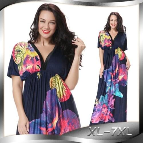 New womens clothing bohemianv-neck dresses womens dresses european dresses plus size xl-7xl full dress ankle-length print 5225