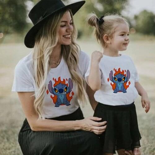 Disney Family Matching Clothes T Shirt Women Men Fashion Anger Lilo & Stitch Print Cartoon Harajuku Kids T-Shirts Casual Tshirt