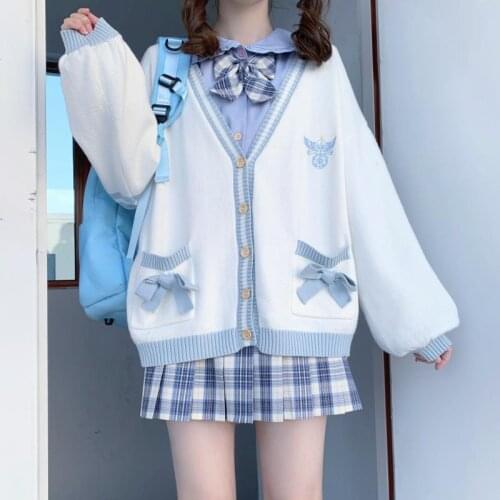 Japanese School Girl Sweater Cardigans Autumn Winter Korean Style Long Sleeve Embroidered Sweater Coat Japanese School Uniform