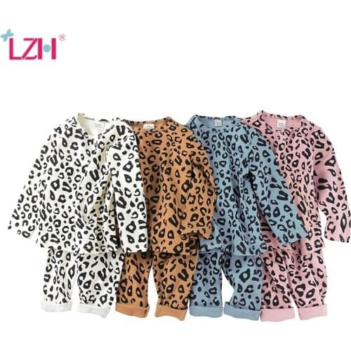 LZH 2021 Autumn Winter Fashion Leopard Elasticity Kids Pajamas High Waist Warm Pajamas For Girl Leisure Wear Pajama Set 0-6 Year