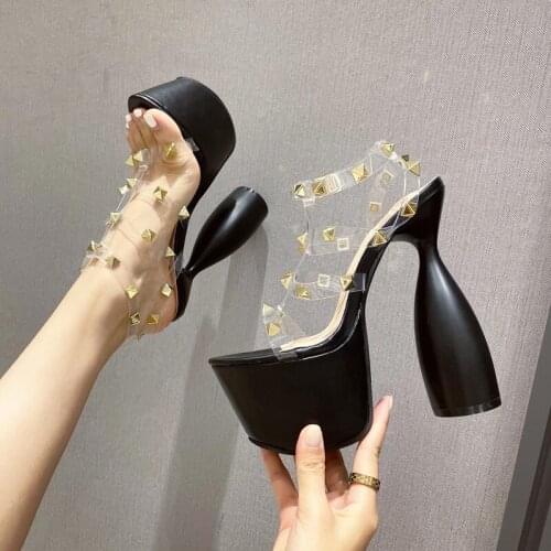 Black Transparent T Strap Heel Sandal Fashion Rivet White Platform Gladiator Sandals Strange Heeled Chunky Shoes Female Shoes