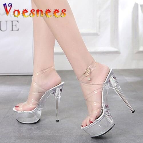 Voesnees Crystal Sandals Women 2021 Summer Waterproof Platform Female Shoes Transparent High Heels 15CM Cross-Strap Ladies Shoes
