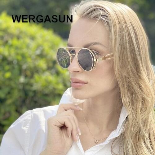 WERGASUN Vintage Steampunk Red Sunglasses Men Round Punk Alloy Metal Retro Sun Glasses Women Goggles Men Gothic Style Shades
