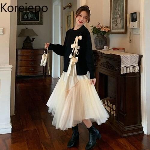 Korejepo Women 2 Piece Set 2021 Autumn New French Retro Sweet Fairy Temperament Bandage Long Sleeve Sweater Net Yarn Long Skirt