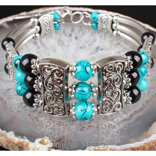 Tibetan Silver Glass Round Beads Charm Bracelet Bangle 6.5"L-7"L