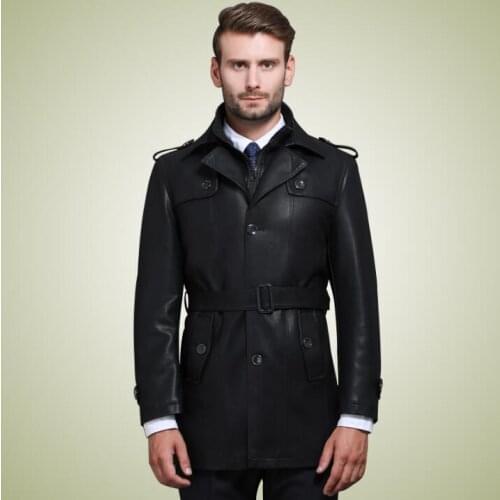 New Mens long sheepskin Double collar Trench coat Winter men Genuine leather jackets Male Business casual Plus velvet Outerwear