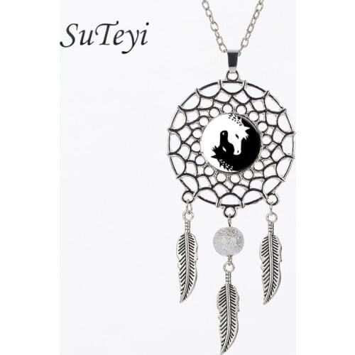 SUTEYI Vintage Horse Glass Dome Necklace Yin Yang Black and White Animal Dreamcatcher Necklaces For Women Jewelry
