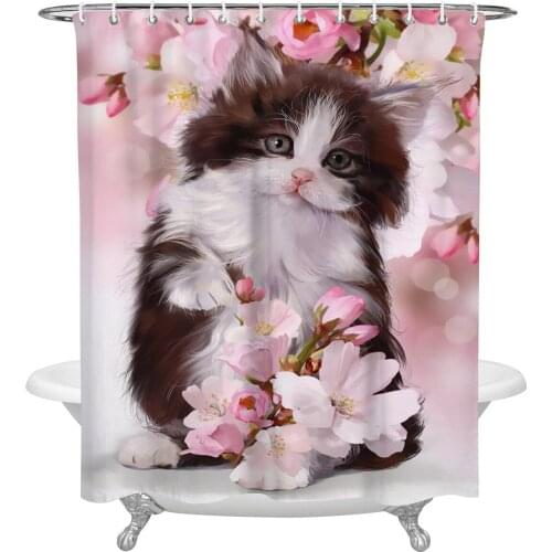 Waterproof Shower Curtains Pet Cat Cute Pink Carnation Flowers Shower Curtain Frabic Polyester Bathroom decor Curtain