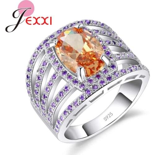 High Quality Clear Purple Cubic Zirconia Wedding Party Rings For Women Girls 925 Sterling Silver Rings With Orange Crystal