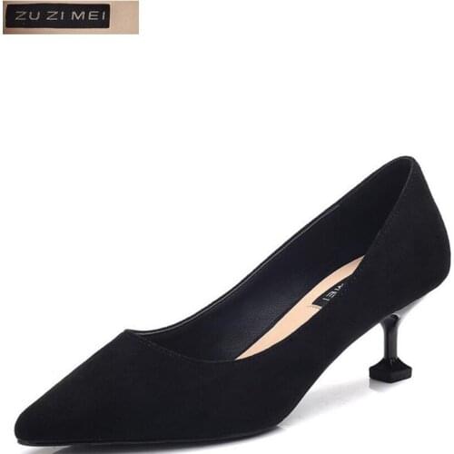 2018 New Arrival Korean Concise Pointed Toe Office Shoes Womens 5CM Fashion Solid Flock Shallow High Heels Shoes for Women